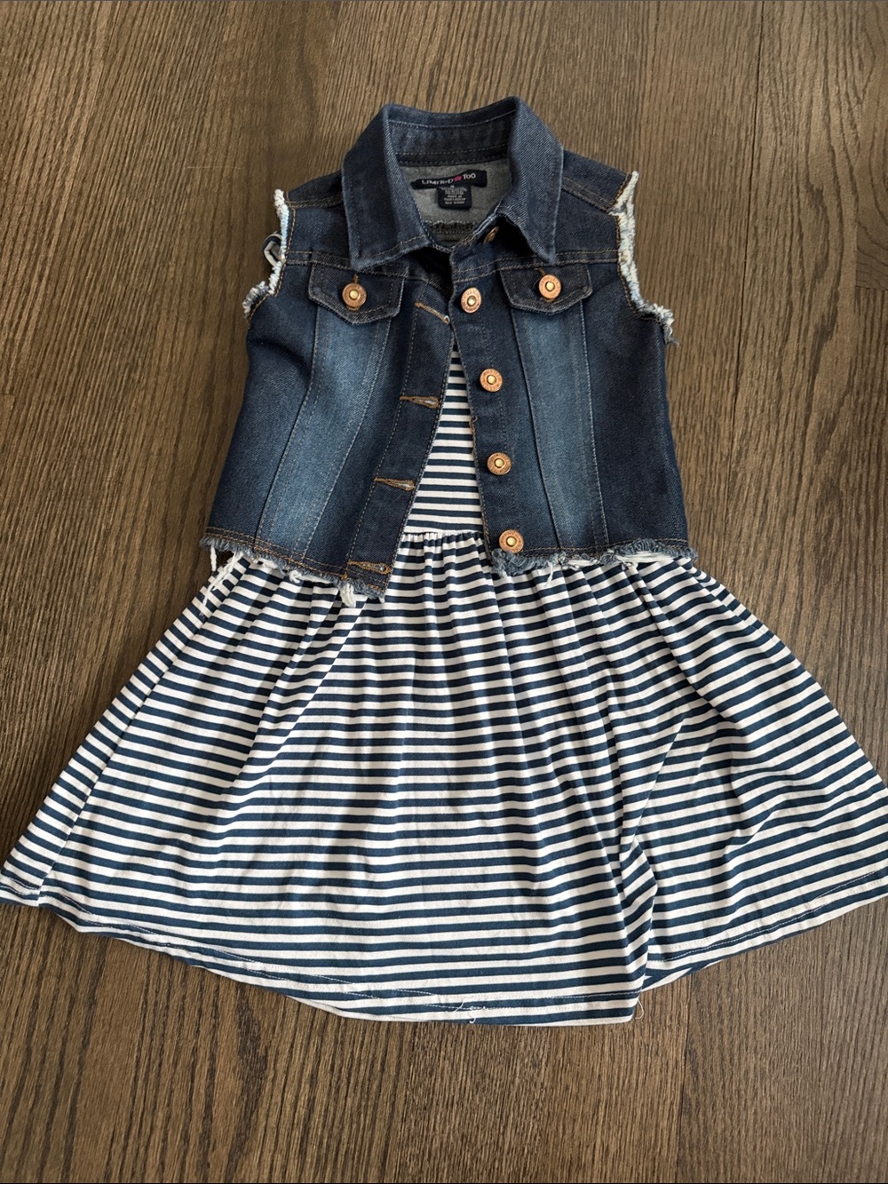 Girls Striped Navy & White Tank Dress with Dark Denim Vest - size 4